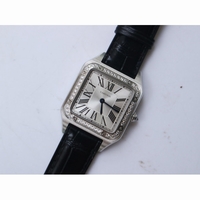 Cartier Santos SS Diamond Bezel Silver Dial Black Croco Strap Ronda Quartz