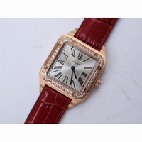Cartier Santos RG Diamond Bezel Silver Dial Black & Red Croco Strap Ronda Quartz