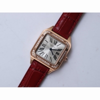 Cartier Santos RG Diamond Bezel Silver Dial Black & Red Croco Strap Ronda Quartz