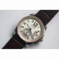 Calibre de Cartier SS/RG White Dial Diamond Bezel Brown Leather