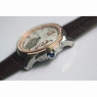 Calibre de Cartier SS/RG White Dial Diamond Bezel Brown Leather