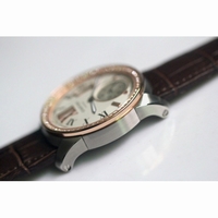 Calibre de Cartier SS/RG White Dial Diamond Bezel Brown Leather