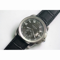 Calibre de Cartier SS White Dial Diamond Bezel Black Leather