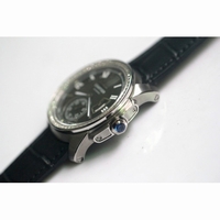 Calibre de Cartier SS White Dial Diamond Bezel Black Leather