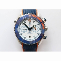 Planet Ocean Master Chronometer Chrono SS 1:1 Best Edition White Dial Blue Ceramic Bezel Nylon Strap A9900 OMF