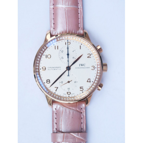 IWC Portuguese IW3714 RG Diamond White Dial Pink Leather Strap A79350 Slim Movement ZF