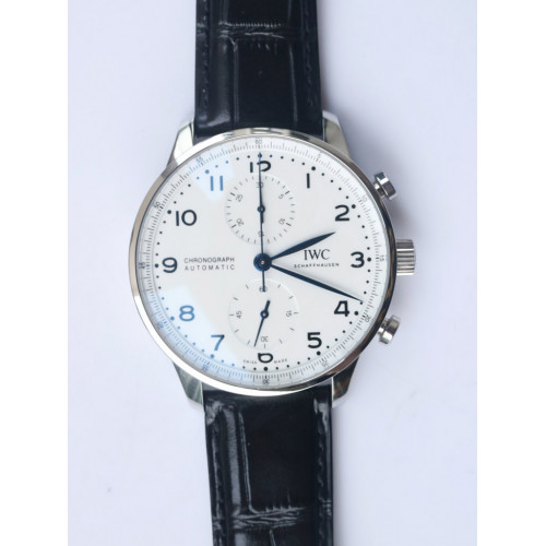 IWC IW371602 Portugieser Chronograph ��150 Years�� White Dial Leather Strap A7750 Slim Movement ZF