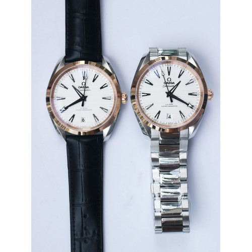 Omega Aqua Terra Master RG Bezel White Textured Dial Black Leather A8900