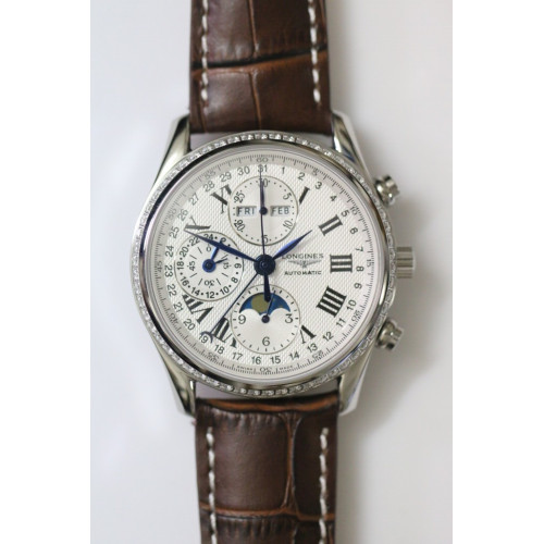 Master Moonphase Chronograph SS White Diamond Bezel Leather A7751