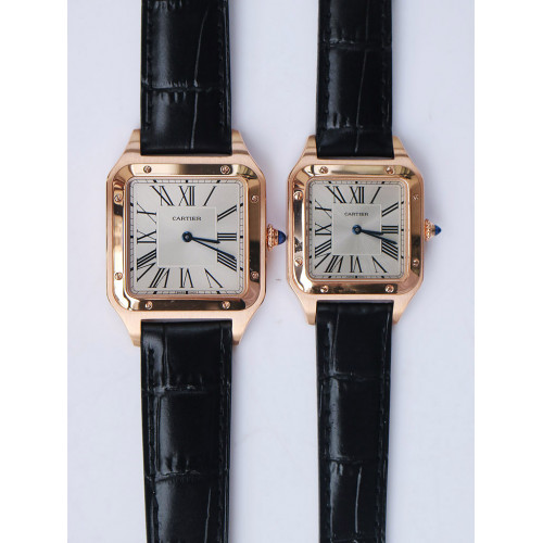 Cartier Santos RG Silver Dial Black Croco Strap Ronda Quartz
