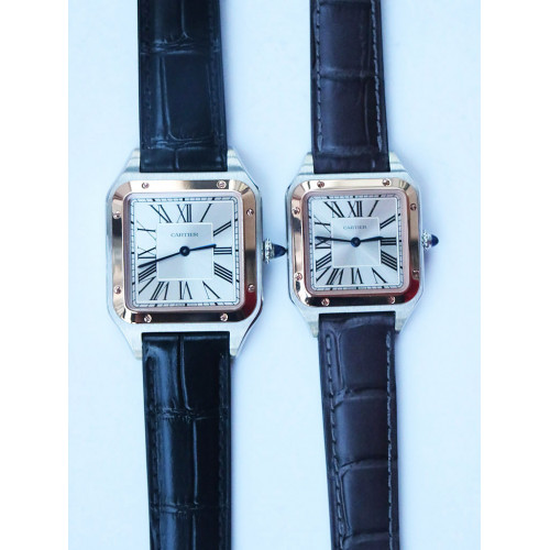 Cartier Santos SS/RG Two Tone Silver Dial Black Croco Strap Ronda Quartz