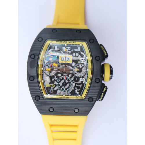 RM011-FM Chrono Forged Carbon Yellow Bezel Skeleton Dial Yellow Rubber Strap A7750
