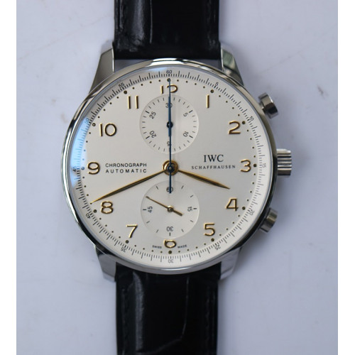 IWC Portuguese Chrono IW371445 Silver Dial Glod Marker Leather