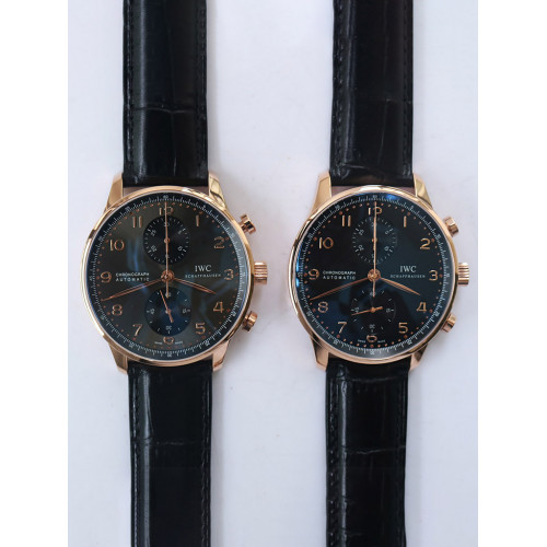 IWC Portuguese Chrono IW371415 RG Black Dial Gold Marker Leather