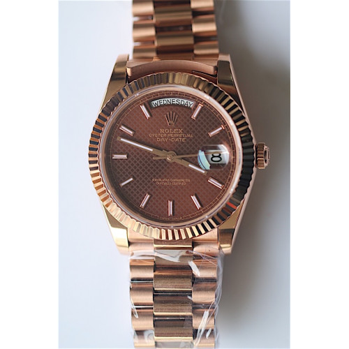 Rolex Day-Date Oyster Fluted RG Stick Markers Lattice Brown Dial Bracelet BP SW