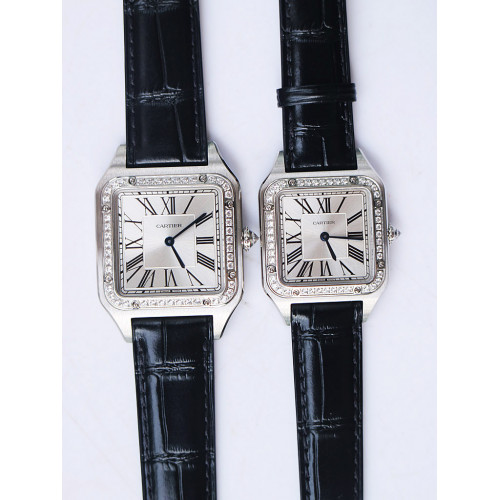 Cartier Santos SS Diamond Bezel Silver Dial Black Croco Strap Ronda Quartz