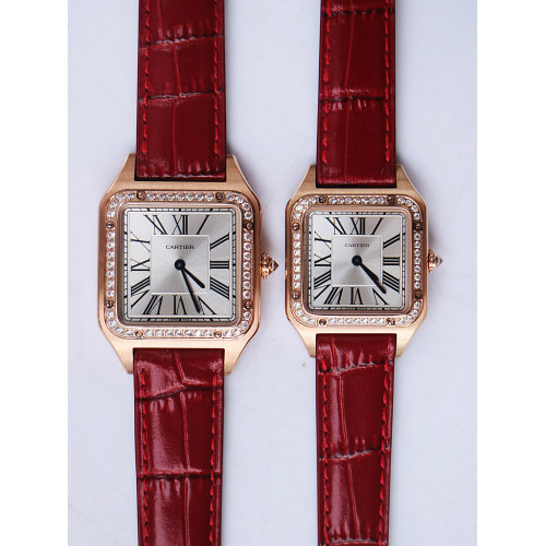 Cartier Santos RG Diamond Bezel Silver Dial Black & Red Croco Strap Ronda Quartz