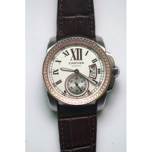 Calibre de Cartier SS/RG White Dial Diamond Bezel Brown Leather