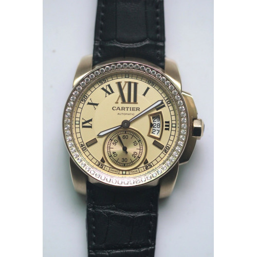 Calibre de Cartier YG Diamond Bezel Black Leather