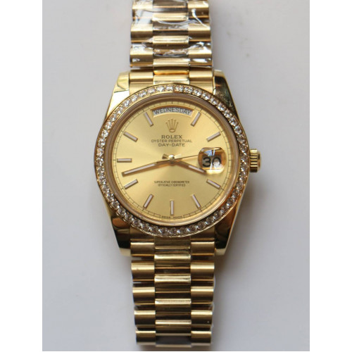 Rolex Day-Date Oyster Diamonds Bezel YG Stick Markers gold Dial Bracelet BP A2813 