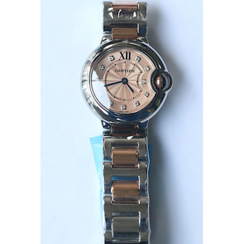 Cartier Ballon Bleu 28.5mm Ladies Two-Tone Diamond Markers Pink Dial Bracelet V6F Quartz