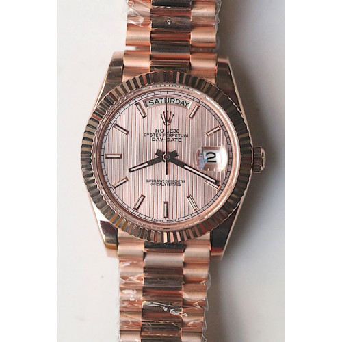 Rolex Day-Date Oyster Fluted 18K RG Wrapped Case Stick Markers Texture Pink Dial Bracelet BP