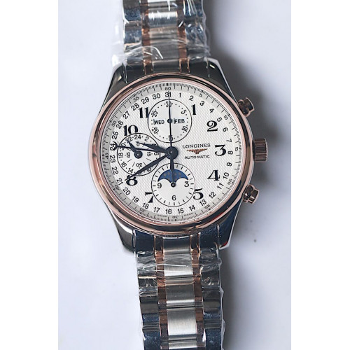 Master Moonphase Chronograph Two Tone White Dial Bracelet YLF A7751 Free Leather Strap