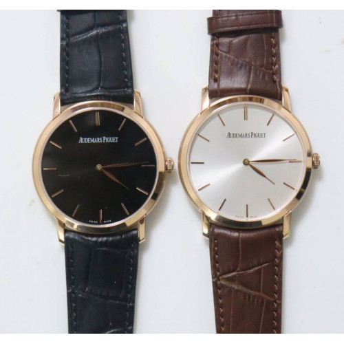 Jules Audemars Extra-Thin RG Leather Strap Black&Silver Dial Miyota 9015 