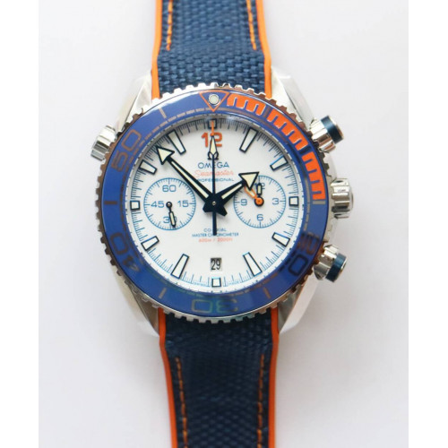 Planet Ocean Master Chronometer Chrono SS 1:1 Best Edition White Dial Blue Ceramic Bezel Nylon Strap A9900 OMF