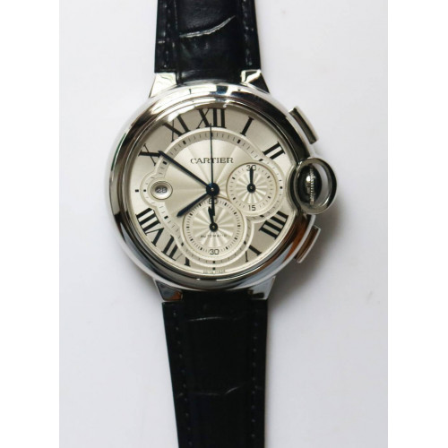 Ballon Bleu De Cartier Chrono 47mm SS 1:1 Best Edition Cream White Textured Dial Leather A8101 ZF 