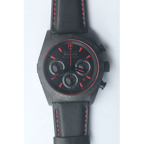 Tudor Black Shield FastRider Real Ceramic Black Dial Red Marks Leather ZF A7753