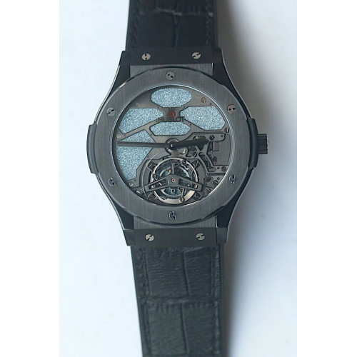 Classic Fusion Tourbillon 45mm DLC Skeleton Watch Blue Dial Gummy Leather CYF