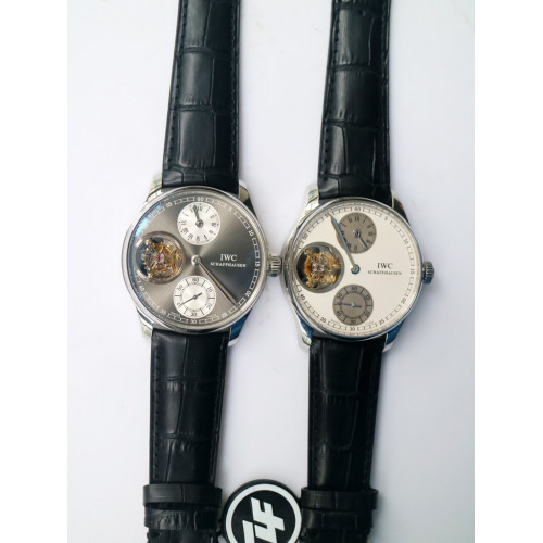 Portuguese Flying Tourbillon SS Gray & White Dial 2 Sub Dials Black Leather ZF