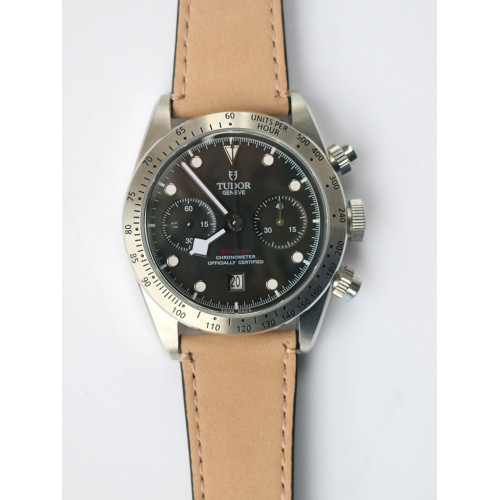 Tudor Heritage 79530 Silver Bezel Black Dial Leather Strap A7750