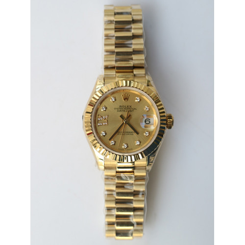 DateJust 28mm YG Oyster Fluted Diamond Markers Gold Dial Bracelet BP A2671