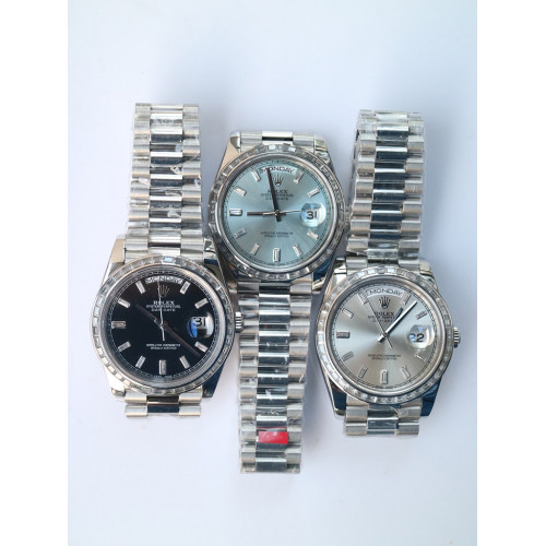 Rolex Day-Date Crystal Bezel Stick Crystal Markers Black & Silver & Blue Dial  Bracelet BP A2836