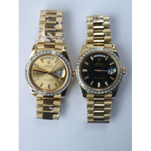 Rolex Day-Date 40mm YG Crystal Bezel Black & Gold Dial Bracelet BP A2836