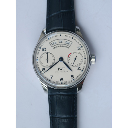 Portuguese Real PR Real Annual Calendar IW503503 White Dial Blue Markers Blue Leather Strap ZF A52850