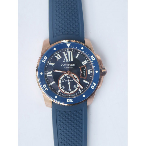 Calibre De Cartier Diver RG Blue Bezel Blue Rubber Strap JF A23J
