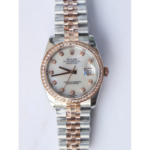 Rolex DateJust 36mm RG/SS Diamond Bezel And Markers White MOP Dial Bracelet BP A2836